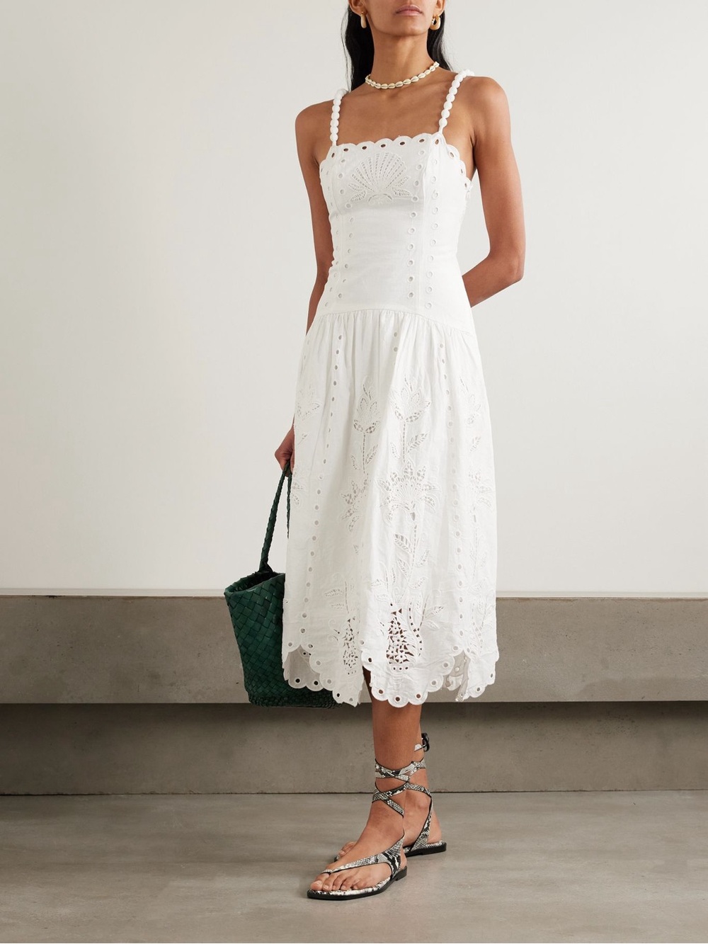 FARM Rio Eyelet Scalloped Midi Dress White Size M NWT Linen Blend